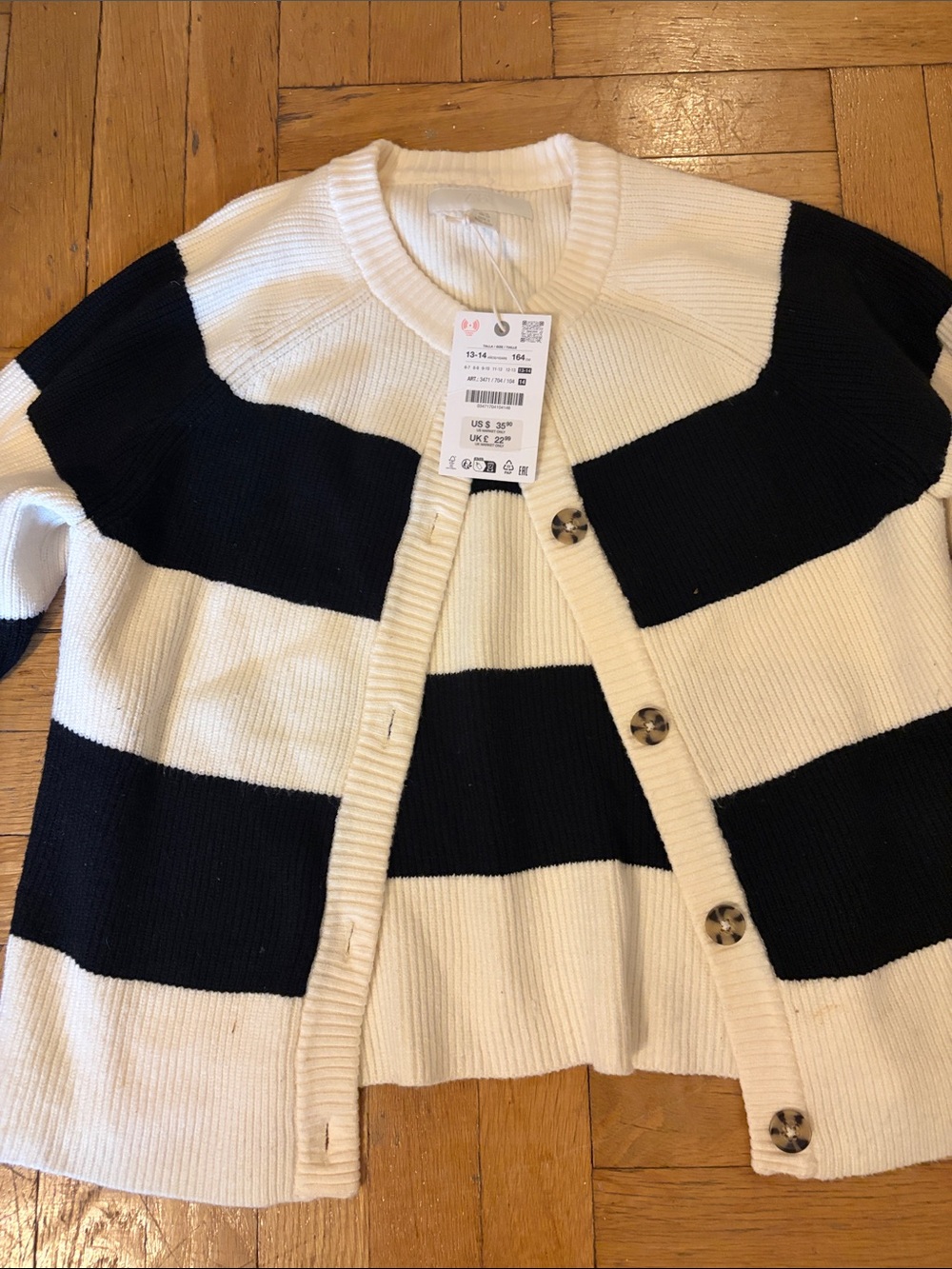 Zara Kids Black & White Striped Button Cardigan